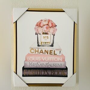 Stupell Industries Fashion Book-stack Pink Peonies Gold Framed Art Canvas